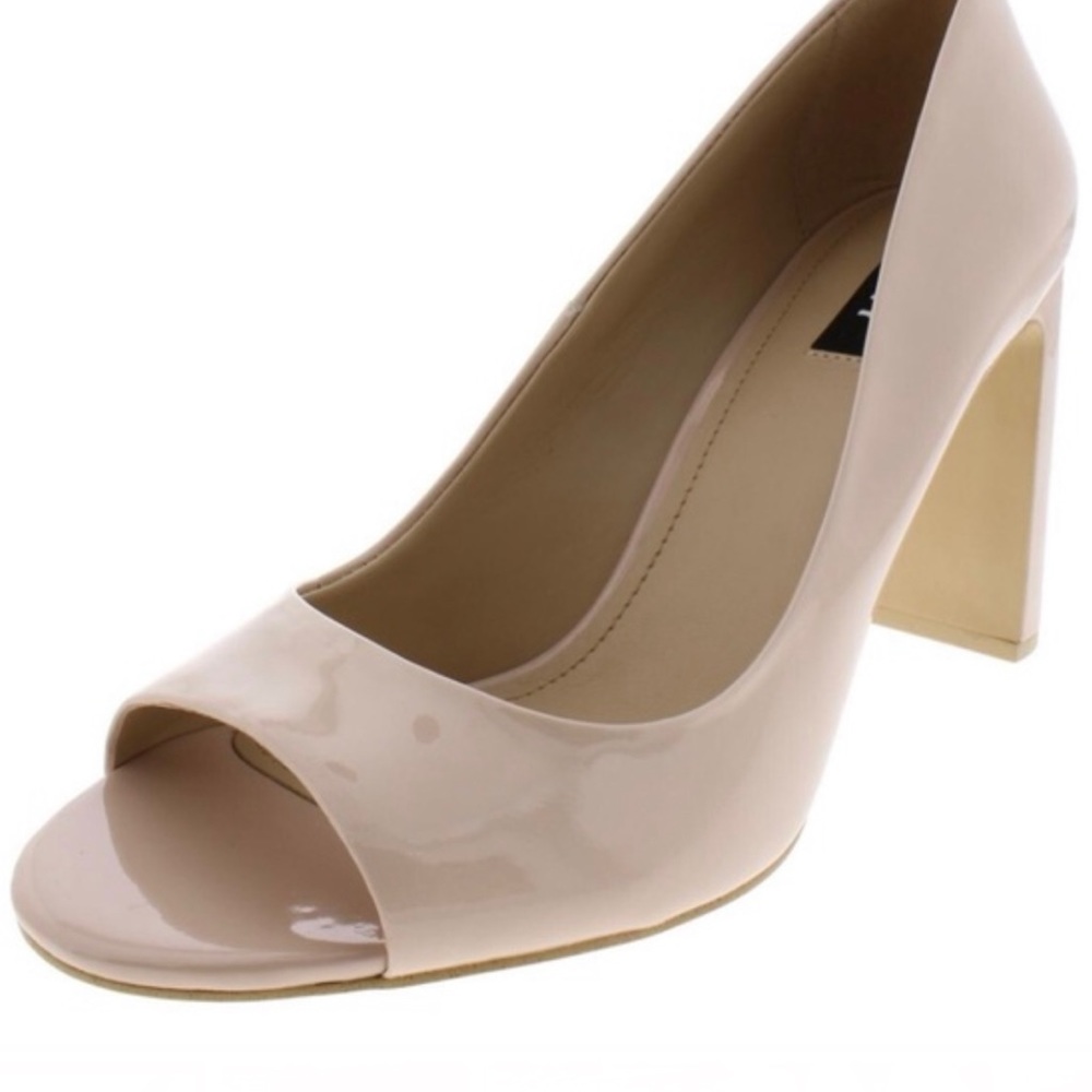 DKNY Jade Heels Shoes Peep Toe Nude Open Toe High Block Heel Pumps Shiny